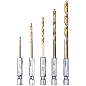 HSS Titanium Drill Bit Set 5pcs Metric Twist Nitride Coated Met 1/4" HEX - Picture 1 of 12
