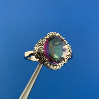 925 Sterling Silver Oval Mystic Topaz Cubic Zirconia CZ Halo Accent Ring - Image 1 of 4