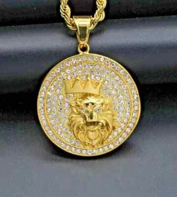 Colgante de corte león para hombre enchapado en oro amarillo de 14 k diamante de corte redondo de 2 quilates creado en laboratorio Foto 1 de 4