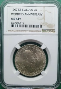 1907 EB SWEDEN 2 KRONOR WEDDING ANNIVERSARY SILVER  NGC MS 64+ - Picture 1 of 2