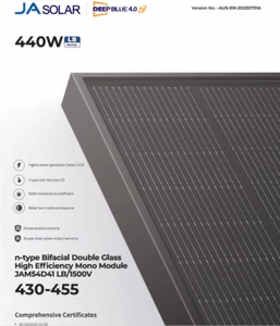 JA 440W Solar Panel N-Type Bifacial Double Glass All Black JAM54D41 30yr Wnty - Picture 1 of 3
