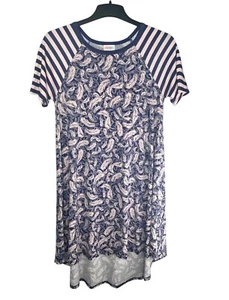 Lularoe Carly Striped Navy & Pink Feather Print High-Low Dress Small - Picture 1 of 14
