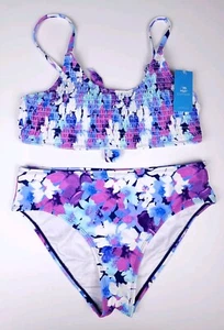 Cupshe Fantasy Flowers Purple Blue 2 Pc Swim Set Smocked NWT - Size Medium - Picture 1 of 17