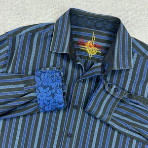 Robert Graham Shirt Men L Blue Black Flip Cuff Classic Stripped Demask Button Up - Picture 1 of 18