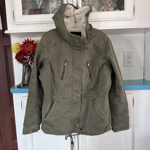 JOE BOXER HOODED MILITARY JACKET Size L Women's Olive Green Faux Sherpa Lined - Picture 1 of 11