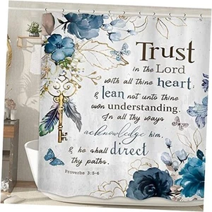 Christian Shower Curtain 60Wx72H Bible Verse Rustic Farmhouse Teal Flower - Picture 1 of 7