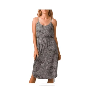 prAna Gray Ivory Frond Leaf Print Sundress Lightweight Midi Dress, Size Small - Picture 1 of 11