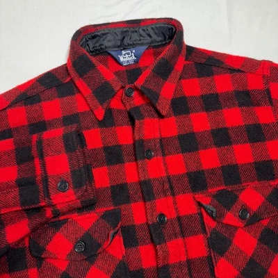 Vtg Woolrich Red Black Buffalo Plaid Flannel Shirt Jacket Mens L USA Made Tweed - Image 1 of 4