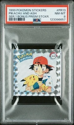 1999 Pokemon Stickers Series 1 Pikachu and Ash BONUS PRISM #PR13 PSA 8 NM-MT - Image 1 of 2
