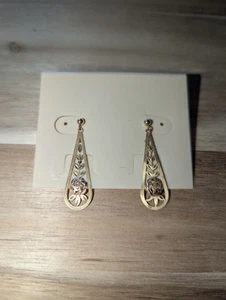 14k Multi-tone Gold Fine Etched Rose Dangle Earrings - Picture 1 of 4