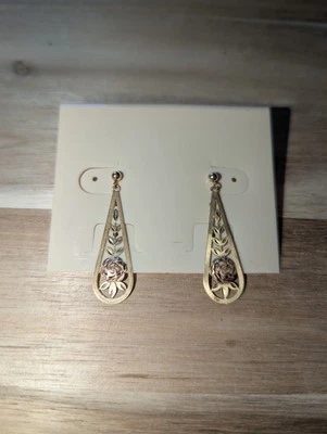 14k Multi-tone Gold Fine Etched Rose Dangle Earrings - Image 1 of 4