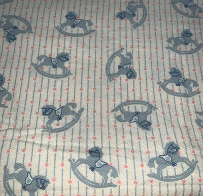 Flannel Fabric  Rocking Horse Hearts Stripe Blue Pink VTG Children Nursery  - Image 1 of 4