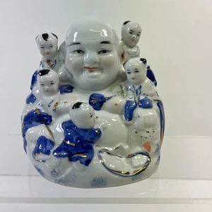Estatuilla de Buda Riendo de porcelana china con cinco niños adorno - Imagen 1 de 13