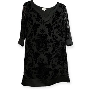 Velvet Burnout Knee Dress Sz Med Black 3/4 Sleeve Whimsy Goth Party Evening - Picture 1 of 11