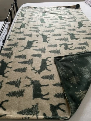 Handmade Fleece Lap Blanket Bed Scarf Pine Green/Tan Reversible USA - Image 1 of 4