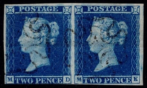 1841 2d Blue Plate 3 MD-ME Pair Upright Maltese Crosses SG 14 Cat. £550.00 - Picture 1 of 1