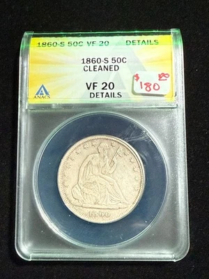 1860 S SEATED LIBERTY HALF DOLLAR ANACS VF 20 DETAILS CLEANED - Image 1 of 4