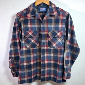 Vintage 60's Pendleton Loop Collar Wool Plaid Shirt Size Medium Navy Blue Red - Picture 1 of 6