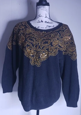 Suéter tejido Victoria Harbour vintage años 80 talla mediana lentejuelas cuentas negro dorado Foto 1 de 4