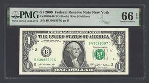 United States-Federal Reserve 1 Dollar 2009 Fr#3000-B (BG Block) UNC Grade 66 - Picture 1 of 2