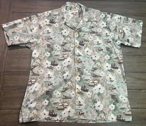 Kamp Shirt Eagle Crest Army Tan Military Tanks Helicopter Floral Print Size XL - Picture 1 of 6