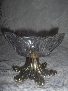 VTG Crystal Pressed Glass Cast Metal Gilt Leaf Pedestal Vanity Compote Soap Dish - Picture 1 of 12