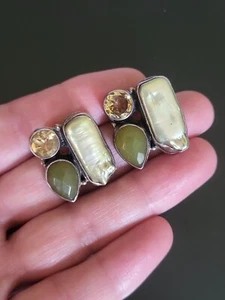 LARGE Sterling silver Biwa Pearl Green Post Earrings  - Picture 1 of 10