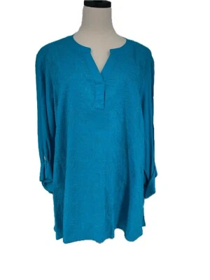 Nueva con etiquetas túnica Ali Miles azul verdoso lino/rayón bordada alta-baja para mujer 1X Plus Foto 1 de 4