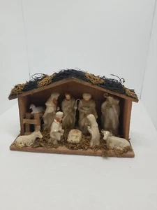 Porcelain White Nativity in Stable 10 Piece Set Attached Inside Gold Paint Grass - Picture 1 of 5