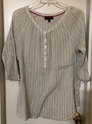 Gasa boho a rayas Lane Bryant talla 22/24 gris/bronceado/blanco manga 3/4 algodón ~usado en excelente estado~ Foto 1 de 4