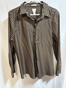 Chico's Womens Button Front Shirt Size 3 Stripe No Iron Office Brown Black - Picture 1 of 8