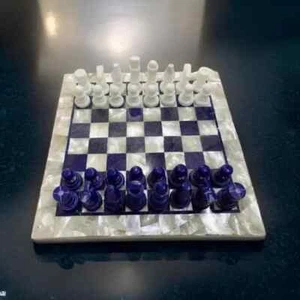 Handmade Blue Lapis & Mother of Pearl Chess Set – Luxury Marble Inlay Board Game - Picture 1 of 4