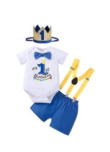 Baby Boy Funny First Birthday Clothes Infant Clothes Bow Tie Blue Romper Pant... - Picture 1 of 7