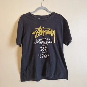 Stussy Black T Shirt Large Gold Spell Out Front & Back Size XL - Picture 1 of 6