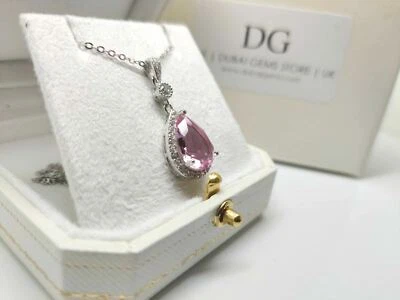 White gold finish pink tourmaline and created diamond pear cut pendant gift box - Image 1 of 4