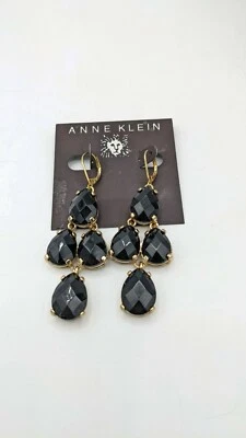 Anne Klein Dangle Earrings Gold Tone Black Statement Leverback 3" New  - Image 1 of 4