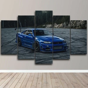 JDM Nissan Skyline R34 Blue Modified Car 5 Piece Canvas Wall Art Print Home - Picture 1 of 6