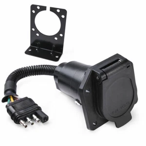 RV Flat 4 Way to 7 Way Round Trailer Power Adapter Plug w/ Hitch Mount Bracket - Imagen 1 de 7