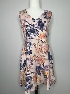 Portmans Pink Floral Dress AUS 14 L Linen Blend Ruffle Pretty Party - Picture 1 of 7