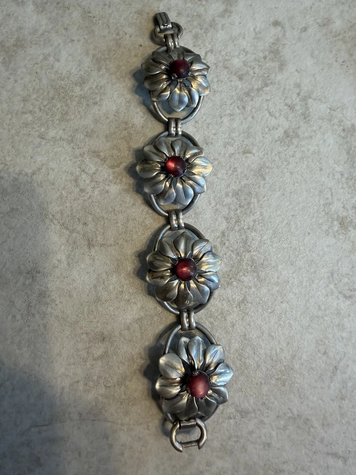 Vintage Taxco Mexican Sterling Silver 925 Flower Link Bracelet – LER Signed - Image 1 of 4