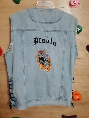 Diablo M Biker Vest Motorcycle Skeleton  Distressed retro OOAK Denim Blue Jean  - Image 1 of 4