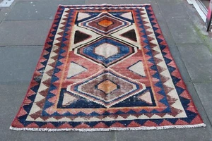 Vintage Worn Hand Made Traditional Oriental Wool Faded Pink Blue Rug 206x112cm - Picture 1 of 13