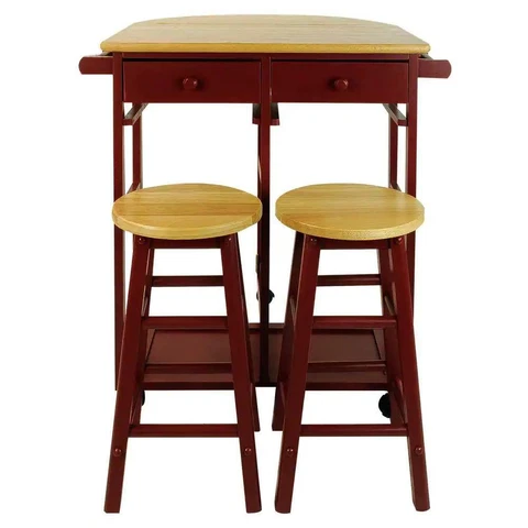Casual Home Breakfast Cart Natural Top Brick Base Drop-Leaf Table Towel Rack Cover