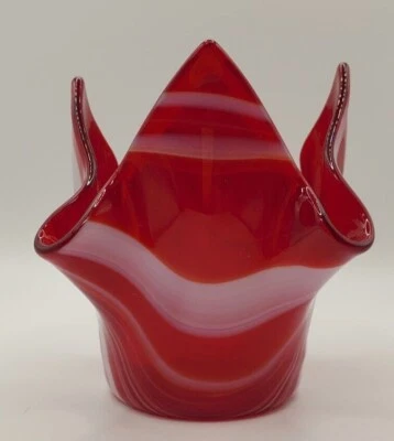 Hand Blown Glass Votive Candle Holders.  Vintage, Ruby red and white swirl. - Image 1 of 4