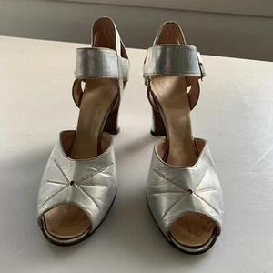vintage 1930s Silver Leather Open Toe Heels strappy mules buckles 6AAA vtg - Picture 1 of 20