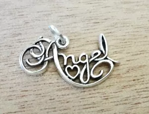 24x15mm Cursive Says Angel with a Heart Sterling Silver Charm - Picture 1 of 5