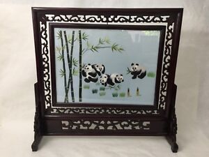 Chinese Two-Sided Hand Stitch Embroidery Table Screen Panda's Su Silk