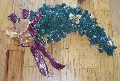LG Wall Hanging Christmas Foliage Gold Red Berry Bow Wreath Garland Poinsettia - Image 1 of 3