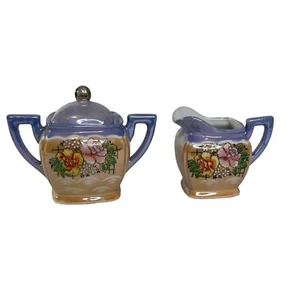 Vintage Peach Lusterware Japan Floral Ceramic Creamer 2 handled lidded Sugar Set - Picture 1 of 21