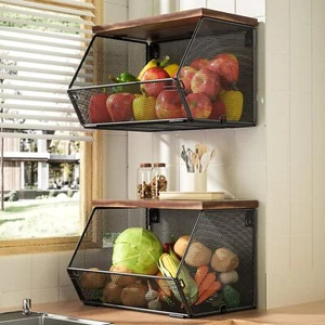 Stackable Fruit Basket For Kitchen Countertop Space Saving Wall Mounted Mesh Met - Picture 1 of 6